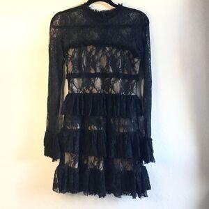 Layered midi lace dres black and nude long sleeve lace layered cuffs witchy
